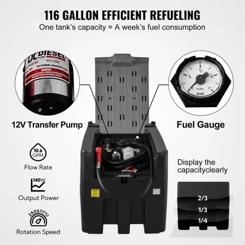 VEVOR Tragbarer Dieseltank 439,11 L Mobile Tankanlage Schwarz Dieseltankstelle 140 W Tankstation Dieseltank 2600 U/min Transporttank 12 V – Bild 2