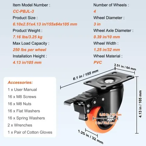 VEVOR Möbelrollen 4er-Set Lenkrollen PVC φ76,2mm Laufrollen 454kg Tragfähigkeit Transportrollen mit A/B-Bremsen Kastenrollen 360° Drehbar Schwerlastrollen für Häusern Büros Studios Fabriken – Bild 6