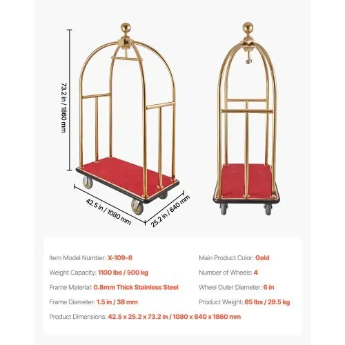 VEVOR Hotelgepäckwagen, 500 kg Tragkraft, Edelstahl-Pagenwagen mit gebogenen Pfosten, Parkservice-Wagen mit rotem Teppichboden & 15 cm Gummirädern, ideal für Hotels, Eigentumswohnungen, Resorts – Bild 6