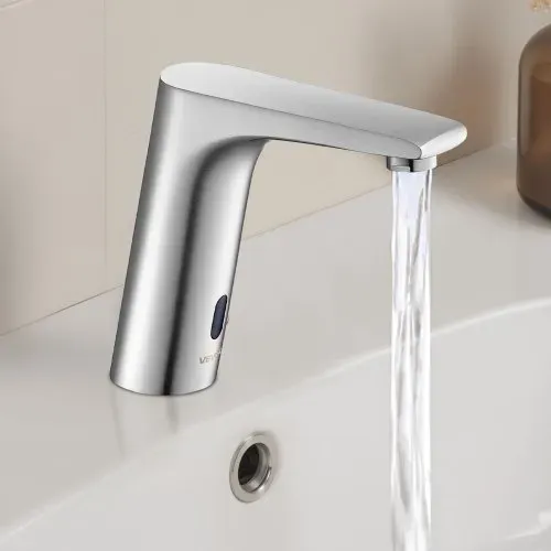 VEVOR berührungsloser Waschtischhahn (L-förmig) Badezimmer, automatische Waschtischarmatur, freihändig einstellbarer Einhebelmischer, batteriebetriebener Wasserhahn gebürstetes Nickelsilber – Bild 7