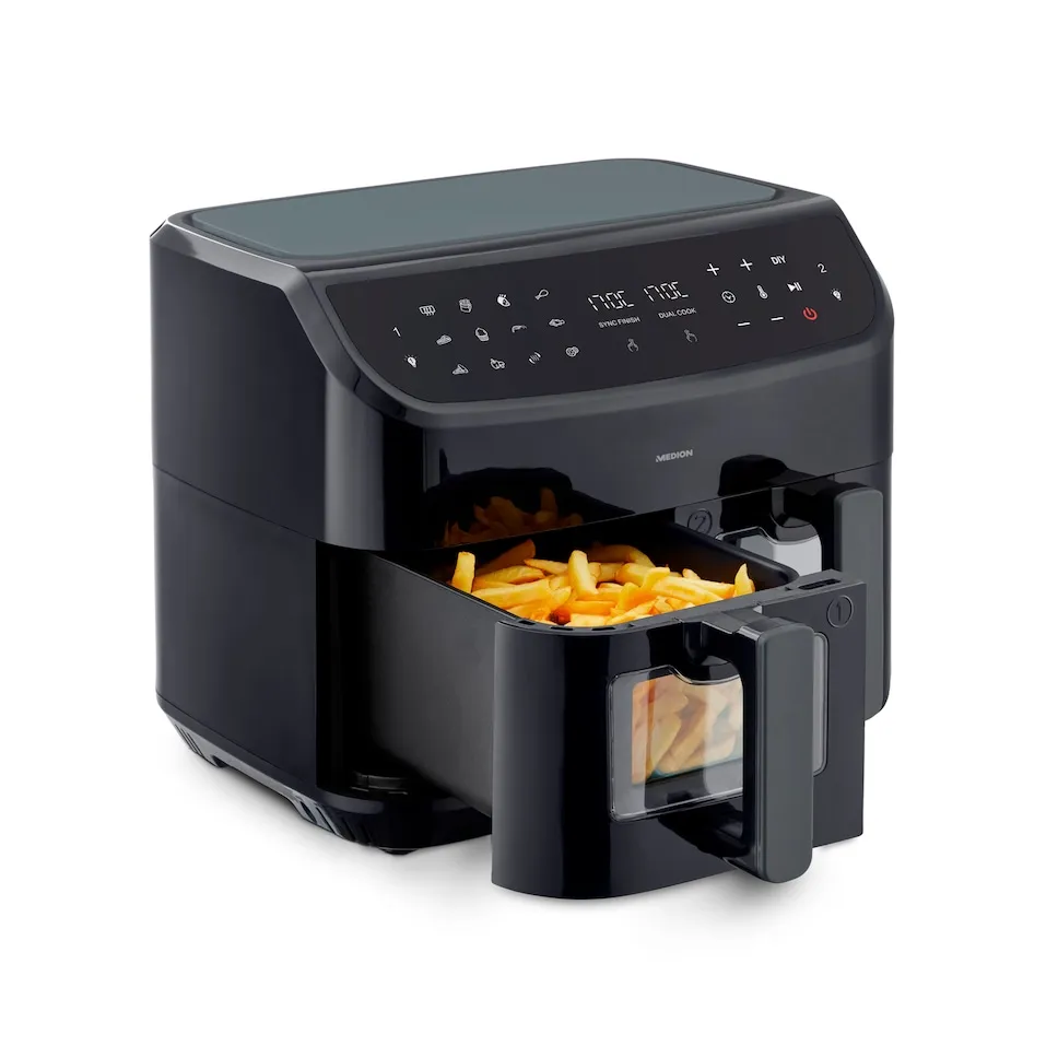MEDION LIFE P20 XXL Twin DoppelzonenHeißluftfritteuse MD 11760, 2 separate Garzonen, 9 Automatikprogramme, 8,7 L Gesamt-Nutzinhalt, 2.600 Watt, Temperatur einstellbar bis 200 °C MEDION LIFE P20 XXL Twin DoppelzonenHeißluftfritteuse MD 11760, 2 separate Garzonen, 9 Automatikprogramme, 8,7 L Gesamt-Nutzinhalt, 2.600 Watt, Temperatur einstellbar bis 200 °C
