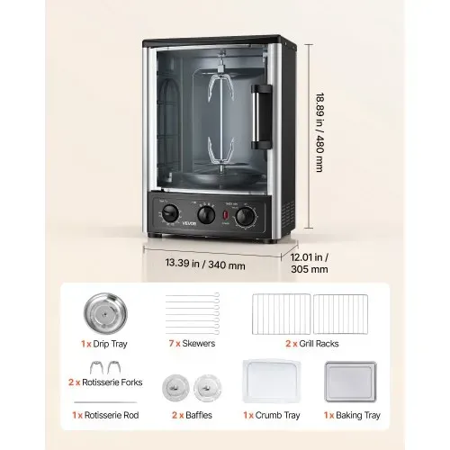 VEVOR Vertikaler Dönergrill 22 L 1500 W Gyrosgrill Kebabgrill Shawarma für Familien und Kleine Treffen, 0-240 °C, 0-60 Min Timer, mit Drehspieß, Grillrost, Fettauffangblech sowie Krümelschale – Bild 6