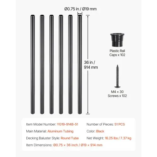 VEVOR Geländerstab, 51er-Set, φ19x914 mm Aluminium-Treppenbaluster, Zierstab, runder Stab, Hohldeckgeländer mit Geländerkappen und Schrauben für Treppen, Veranda, Terrasse, Zaun, schwarz – Bild 6