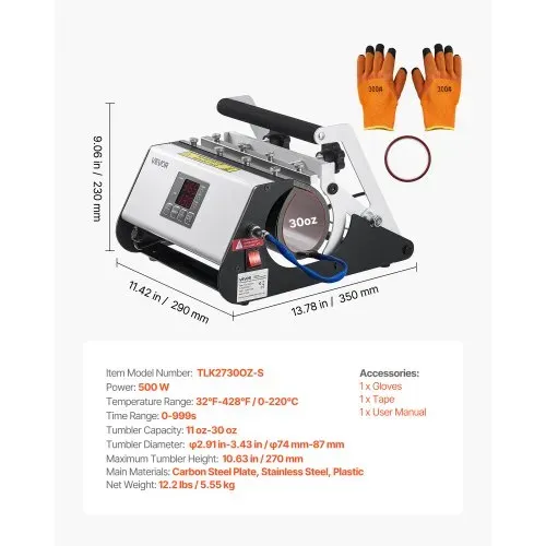VEVOR Tassenpresse Becherdruckmaschine Mug Sublimationspresse 887 ml Weiß, inkl. Klebeband & Handschuhen Einfache Temperatur- & Zeiteinstellung für Sublimationsdruck auf Bechern & Tassen – Bild 6