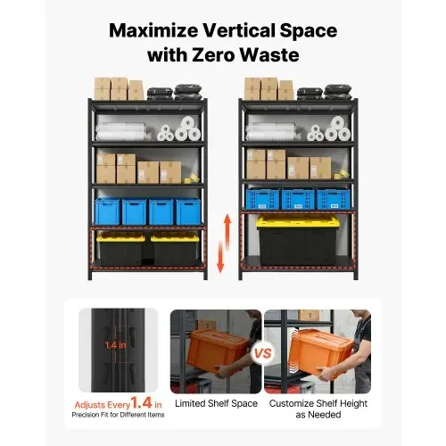 VEVOR Schwerlastregal 1230x465x1962mm, 1360,8kg Belastbares Lagerregal mit Stahlgestell & 5 Verstellbaren Ablagen, Teilbares Steckregal als Werkbank, Flexibles Metallregal für Keller Garage Werkstatt – Bild 2