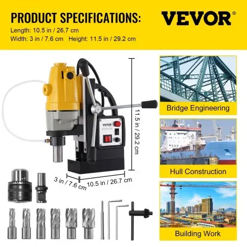 VEVOR 1100 W Magnetbohrmaschine mit 40mm Bohrdurchmesser MD40 Magnetbohrmaschine 12000 N Magnetkraft Magnetbohrsystem 670 U/min mit 6-teiligem HSS-Ringschneider-Set – Bild 5