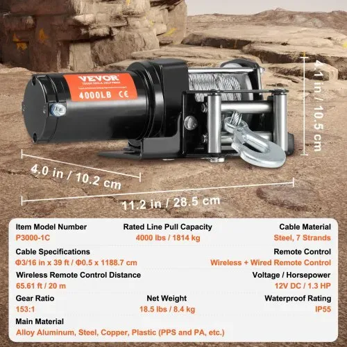 VEVOR Elektrische Seilwinde, 4000 lb Seilzugkapazität, 12 V DC ATV/UTV-Winde mit Φ3/16 Zoll x 39 Fuß 7-Strang-Stahlkabel-Rollenführung, kabellose und kabelgebundene Fernbedienung, IP55 wasserdicht zum Abschleppen von UTV ATV – Bild 6