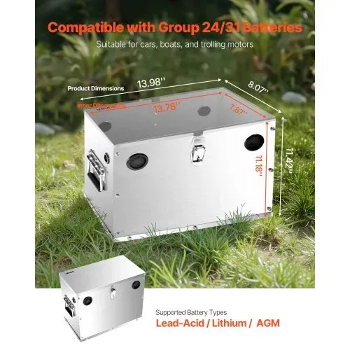 VEVOR Batteriekasten, Gruppe 24/31 Batteriebox, Marinebatteriegehäuse mit Schloss, Griffen & Gummitüllen-Kabellöchern, Edelstahlgehäuse, geeignet für Autos, Boote & Trolling-Motoren VEVOR Batteriekasten, Gruppe 24/31 Batteriebox, Marinebatteriegehäuse mit Schloss, Griffen & Gummitüllen-Kabellöchern, Edelstahlgehäuse, geeignet für Autos, Boote & Trolling-Motoren