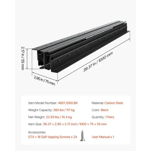 VEVOR Schubladenschienen Bodenhalterung, 1000 mm, Vollauszug mit Kugellager unter Treppenschrankschienen, 117 kg Tragkraft, Unterschienen für Treppenschrankgleiter, zum Selbstaustausch, schwarz – Bild 6