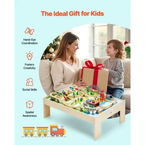 VEVOR Holz Aktivitätstisch, 120-teilig, mit zusammenklappbarem Aufbewahrungsbehälter, 3-in-1-Eisenbahn-Set zum Spielen, Malen, Lesen, Essen, kreatives Spielzeug-Set für Kinder ab 3 Jahren – Bild 5