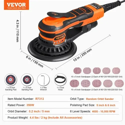 VEVOR Exzenterschleifer 5 und 6 Zoll, bürstenloser 350-W-Exzenterschleifer, 10.000 PRM, 6 variable Geschwindigkeiten, elektrischer Schwingschleifer mit 20 Schleifpapieren, Staubanschluss und Schlauch für das Detailschleifen in der Holzbearbeitung – Bild 6