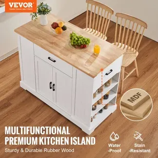 VEVOR Kücheninselwagen, 117 cm Frühstücksbar mit Holzplatte und Lagerschrank, Bauernküchentisch mit verstellbarem Regal, Schublade, für Esszimmer, Küche und Wohnzimmer, weiß VEVOR Kücheninselwagen, 117 cm Frühstücksbar mit Holzplatte und Lagerschrank, Bauernküchentisch mit verstellbarem Regal, Schublade, für Esszimmer, Küche und Wohnzimmer, weiß