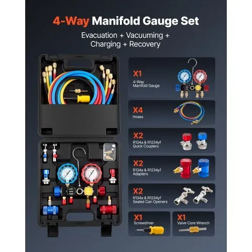 VEVOR AC Klimaanlagen-Manometer-Set für R134a/R404A/R1234yf/R22 Kältemittel, 4-Wege-Manometer mit 1,5-m-Schläuchen & Adaptern & Schnellkupplungen & Dosenanschlüssen Geeignet für Kfz-Klimaanlagen VEVOR AC Klimaanlagen-Manometer-Set für R134a/R404A/R1234yf/R22 Kältemittel, 4-Wege-Manometer mit 1,5-m-Schläuchen & Adaptern & Schnellkupplungen & Dosenanschlüssen Geeignet für Kfz-Klimaanlagen