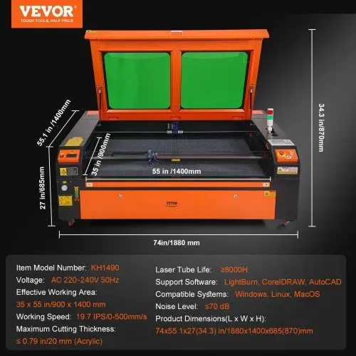 VEVOR 130W CO2-Lasergravierer, 900x1400mm, 500mm/s Laserschneidmaschine mit 2-Wege-Pass-Air-Assist, kompatibel mit LightBurn, CorelDRAW, AutoCAD, Windows, Mac OS, Linux, für Holz, Acryl, Stoff – Bild 6