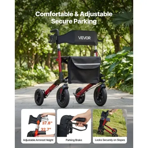 VEVOR Rollator 3-Fach Faltbar mit Sitz, Leichter Gehwagen mit 4 Reifen, Gehhilfe bis 136 kg mit Rückenlehne Tasche Gehstockhalter, Höheverstellbare Laufhilfe mit Feststellfunktion für Senioren, Rot – Bild 4