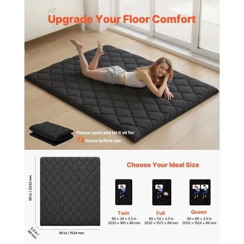 VEVOR japanische Futon-Matratze (2032 x 1524 x 89 mm), faltbare Tatami (Queen Size), Bodenmatratze mit Aufbewahrungstasche & Befestigungsmaterial, 9-lagige Schlafmatte für Meditation Yoga, Schwarz VEVOR japanische Futon-Matratze (2032 x 1524 x 89 mm), faltbare Tatami (Queen Size), Bodenmatratze mit Aufbewahrungstasche & Befestigungsmaterial, 9-lagige Schlafmatte für Meditation Yoga, Schwarz