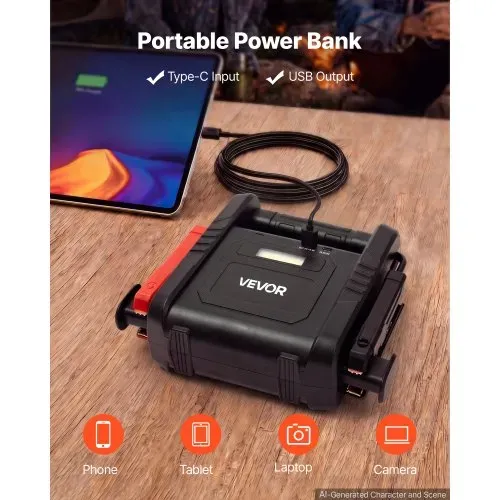 VEVOR Starthilfe Powerbank 6000 A Spitzenleistung 12 V Tragbar Schwarz Starthilfegerät für Benzin- und Dieselfahrzeuge bis 10 L, 3-Modus-LED-Notfalltaschenlampe, USB-Ausgang, Gehäuse aus ABS & PC – Bild 3