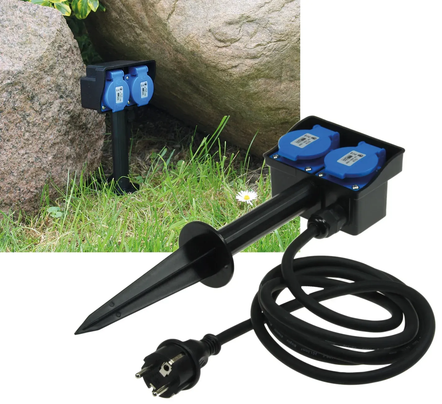 Gartensteckdose mit Erdspieß, 2-fach IP44, 2m Kabel Gartensteckdose mit Erdspieß, 2-fach IP44, 2m Kabel
