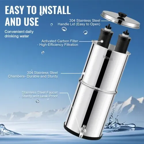 VEVOR Schwerkraft Wasserfiltersystem Edelstahl Arbeitsplattensystem 7 L + 8,5 L Wasserfiltrationssystem, reduziert Blei und bis zu 99 % Chlor, mit 2 Kohlefiltern & Zapfhahn, Camping Wohnmobil Zuhause – Bild 5