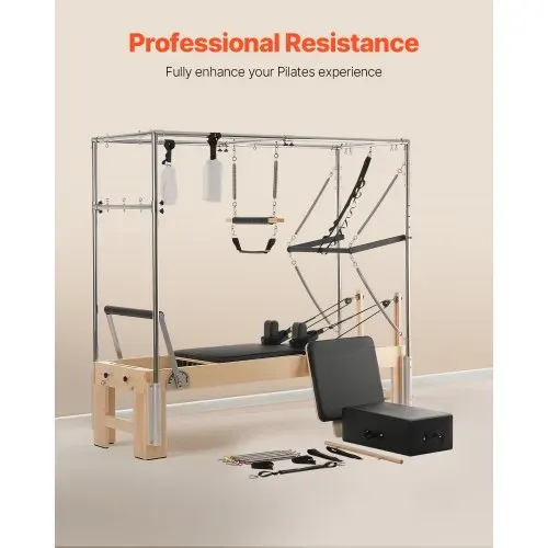 VEVOR Pilates Reformer Maschine aus Holz für Fitnessstudio zu Hause, Krafttrainingsgerät mit doppeltem Widerstand & Reformer-Box & Sprungbrett, für Fortgeschrittene und Anfänger, bis zu 181,44 kg – Bild 2