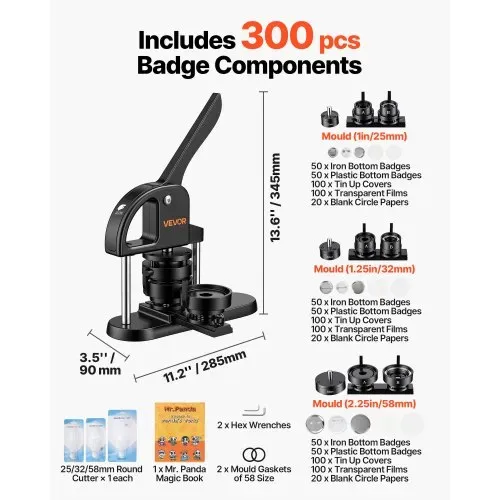 VEVOR Buttonmaschine 25/32/58 mm Knopfmachermaschine Schwarz 300 Stk., Mit Kreisschneider Zauberbuch & Ergonomischem Griff für DIY-Anstecker Pins Kühlschrankmagnete & Schlüsselanhänger – Bild 6
