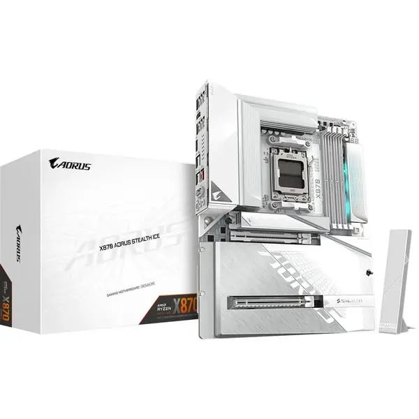 GIGABYTE X870 AORUS STEALTH ICE Mainboard – Unterstützt AMD Ryzen 9000 CPUs, digitales 16+2+2 Phasen VRM, bis zu 8200 MHz DDR5 (OC), 2 x PCIe 5.0 + 2 x PCIe 4.0, Wi-Fi 7, 5 GbE LAN, USB 4 GIGABYTE X870 AORUS STEALTH ICE Mainboard – Unterstützt AMD Ryzen 9000 CPUs, digitales 16+2+2 Phasen VRM, bis zu 8200 MHz DDR5 (OC), 2 x PCIe 5.0 + 2 x PCIe 4.0, Wi-Fi 7, 5 GbE LAN, USB 4