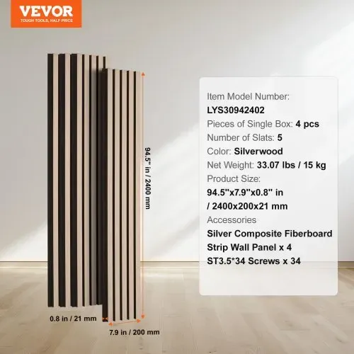 VEVOR Akustikpaneele, 2400 x 200 x 21 mm, Akustik Wandpaneele, MDF-Akzent-Holzwandpaneele für moderne Innenwanddekoration, Akustikpaneel Kunstholz-Wandplatten zur Geräuschreduzierung, 4er-Set – Bild 6