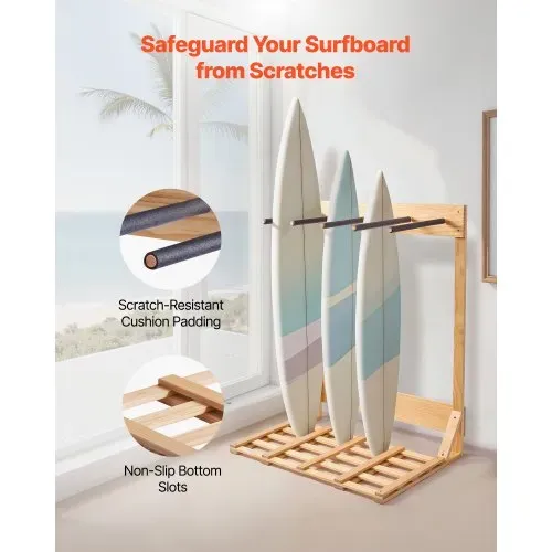 VEVOR vertikaler Surfbrettständer 4-stufiges Surfbrettregal aus Holz zur Aufbewahrung & Präsentation, freistehender Boardständer-Organizer Surfbretthalter Rack für Wakeboard Snowboard Skier – Bild 3