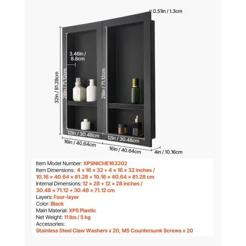 VEVOR Duschnische, 40,6 x 81,3 cm + 40,6 x 81,3 cm Wandnische mit beweglichem Regal, 10,2 cm dicker moderner Seifen- & Shampoo-Aufbewahrungs-Organizer, schwarz für Badezimmerdusche – Bild 6