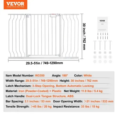 VEVOR Türschutzgitter, Absperrgitter Treppengitter, 749–1346mm Breitenbereich Kindergitter, Haustiergitter, Treppenschutzgitter, Beidseitig Schwenkbare Gitter 762mm Höhe, Weiße Babygitter ohne Bohren – Bild 6