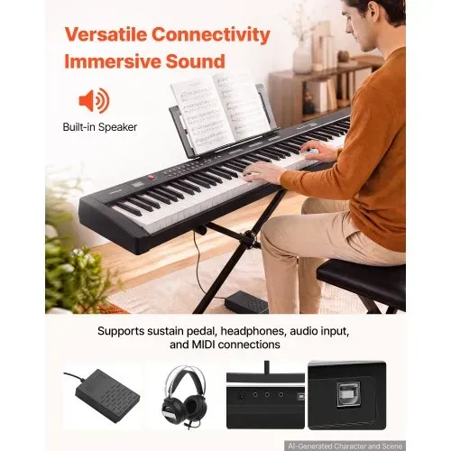 VEVOR Digitalpiano mit 88 Tasten Halbgewichtet E-Piano mit Ständer für Anfänger und Fortgeschrittene, 128 Klänge, 128 Rhythmen, HiFi-Stereolautsprecher, 3,5-mm-Kopfhörerbuchse, Sustain-Pedal – Bild 3
