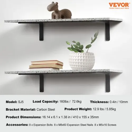 VEVOR Regalhalterung, 410 x 155 x 35 mm, 4 Stück, robuste schwebende Regalträger, Halterungen für Regale, 10 mm dicke mattschwarze L-Regalhalterung, Regalhalter aus Stahl mit 72,6 kg Tragkraft – Bild 6