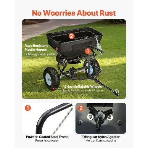 VEVOR Schleuderstreuer Anhängestreuer 59 kg Fassungsvermögen, Anhänge-/Schiebe-Gartenstreuer mit 33 cm Reifen, 30 einstellbaren Stufen & 3 m Streubreite, Streuwagen für Saatgut, Dünger, Salz – Bild 4
