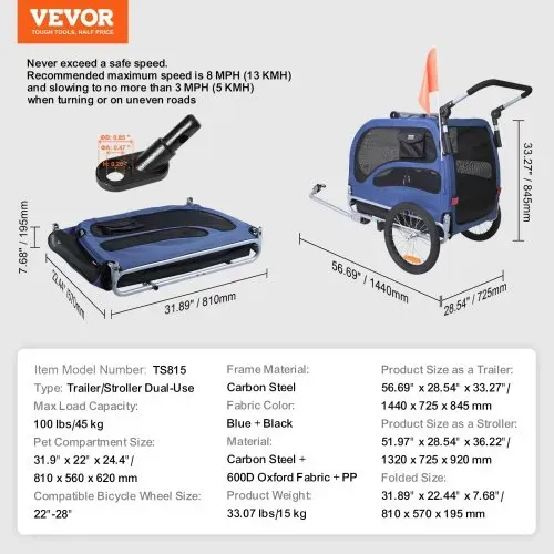 VEVOR Hundeanhänger 45 kg 2in1 Fahrradanhänger Kohlenstoffstahl + 600D Oxford-Gewebe + PP faltbar 1440 x 725 x 845 mm als Anhänger 1320 x 725 x 920 mm als Kinderwagen Hundebuggy Jogger Anhänger Blau – Bild 6