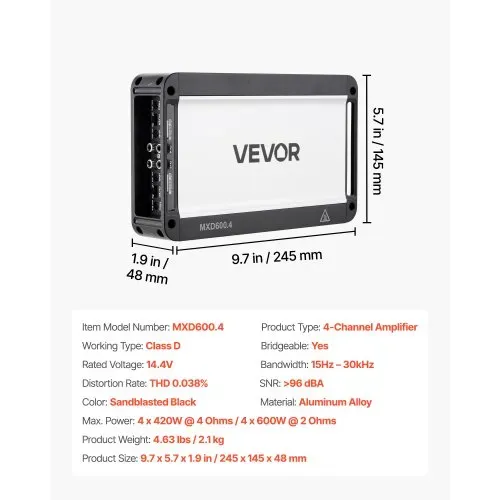 VEVOR Autoverstärker 4-Kanal, Endstufe Klasse D Überbrückbar, Max. 4 x 420 W an 4 Ohm / 4 x 600 W an 2 Ohm, Hochleistungsverstärker für SUVs Pickups Geländewagen Mehrkanal-Audioverstärker – Bild 6