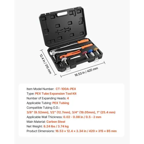 VEVOR 7 tlg. PEX-Rohrerweiterungswerkzeug-Set, Manueller Rohrexpander Satz mit 4 Formmatrizen für 9,52mm 12,7mm 19mm 25,4mm, PEX-Rohr-Expander mit Rohrschneider für Heizung & Wasserleitungssystem – Bild 6