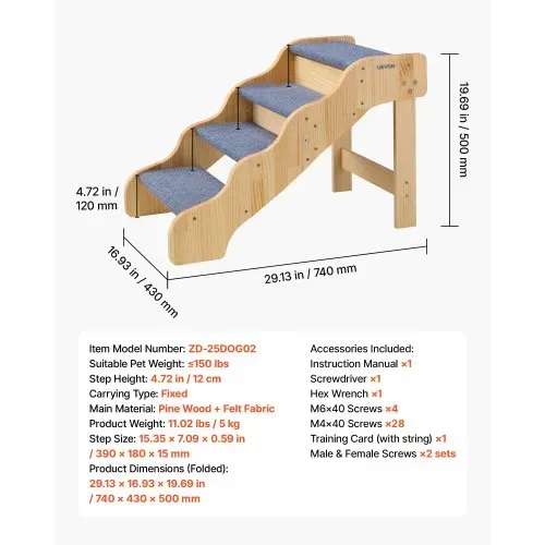 VEVOR Hundetreppe 740x430x500 mm, 4-stufige Hautiertreppe, klappbare Holztreppe geeignet für kleine, mittlere, große, ältere Haustiere sowie Welpen bis 68 kg, Hundeleiter für Betten, Sofas & Autos – Bild 6
