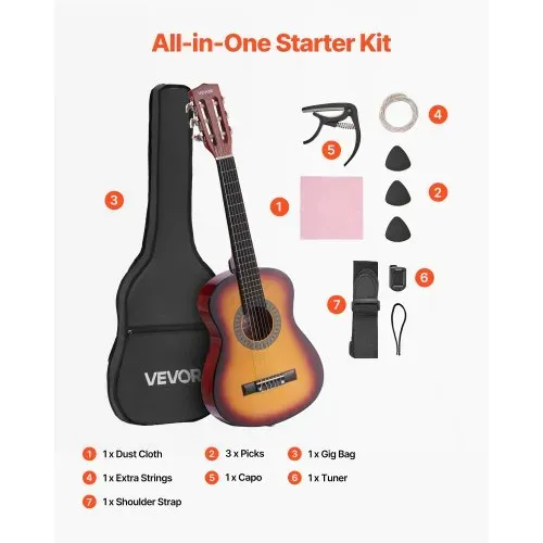 VEVOR Konzertgitarre, 780 mm, Holz-Klassikgitarren-Starter-Set für Anfänger, mit Nylonsaiten, Gigbag, Gurt, Stimmgerät, zusätzlichen Saiten, Plektrum, Kapodaster, Linde, für Einsteiger, Sunburst – Bild 6
