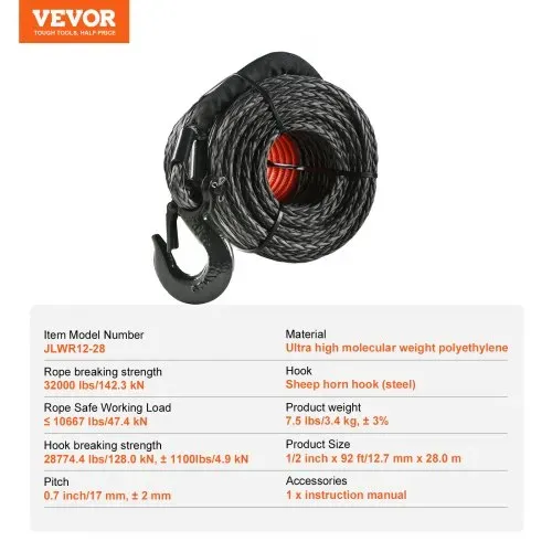 VEVOR synthetisches Windenseil, 12,7 mm x 28,04 m, 14,51 t synthetisches Windenleinen-Kabelseil mit Schutzhülle + geschmiedetem Windenhaken + Zugband, universell passend für SUV, großes Geländefahr – Bild 6