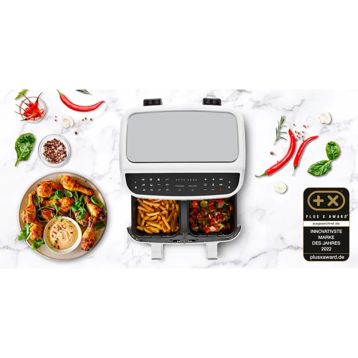 MEDION LIFE P20 XXL Twin DoppelzonenHeißluftfritteuse MD 11760, 2 separate Garzonen, 9 Automatikprogramme, 8,7 L Gesamt-Nutzinhalt, 2.600 Watt, Temperatur einstellbar bis 200 °C – Bild 2