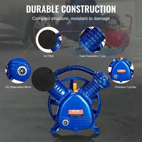 VEVOR Luftkompressor-Pumpenkopf, 5,5 PS, 5,75 CFM bei 90 PSI, ölgeschmierter Luftkompressor-Kolbenpumpenkopf mit zwei Zylindern, zweistufiger V-Typ-Luftkompressor-Pumpenersatz aus Gusseisen mit max. 185 PSI Druck – Bild 4