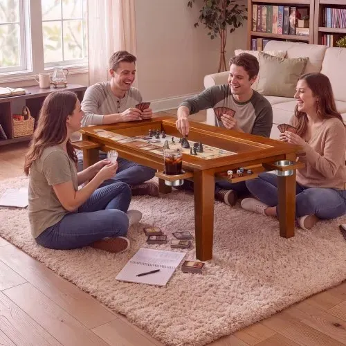 VEVOR Brettspieltisch 120x60x45cm 2-in-1 Spiel- & Esstisch 136kg Belastbar, Geräumig für 4 Spieler, Massivholz, mit Abnehmbaren Tischplatten Getränkehaltern Leder-Spielmatte & Ausziehbaren Tabletts – Bild 7