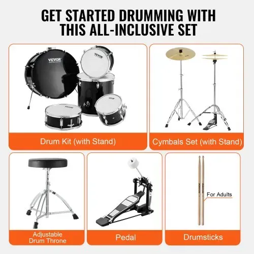 VEVOR Schlagzeug, 5-teilig, Drum in voller Größe mit Bass-Toms, Snare, Standtrommel, verstellbaren Thronständern, Becken, Hi-Hat-Pedal und Drumsticks, Anfänger-Schlagzeug für Erwachsene, schwarz – Bild 5
