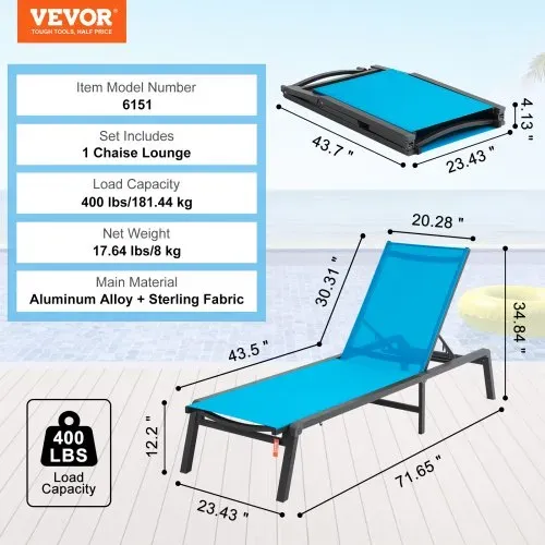 VEVOR Chaiselongue-Sessel für den Außenbereich, Aluminium-Terrassen-Loungesessel mit 5 verstellbaren Positionen, klappbarer Pool-Loungesessel mit Liegefunktion und komplett flacher Sonnenstuhl für Terrasse, Strand, Pool, Blau – Bild 6