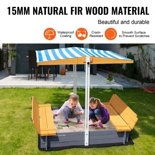 VEVOR Holzsandkasten mit Überdachung, Sandkasten, Sandgrube mit klappbaren Sitzbänken und Bodeneinlage, Naturholz-Sandkasten für Kinder für den Garten, Geschenk für Kinder im Alter von 3–12 Jahren – Bild 2