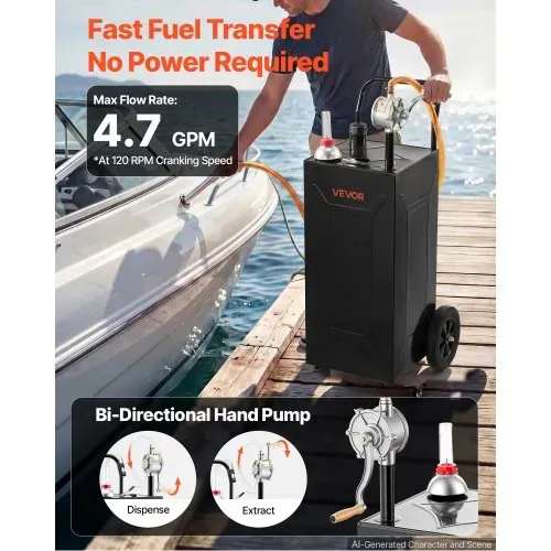 VEVOR 113,6L Kraftstofftrolley Mobile Tankanlage mit Handpumpe Schwarz, Tragbarer Kraftstofftank für Auto Rasenmäher Boot, Mit 2 Rollen & Ölstandsanzeige, Für Benzin & Diesel, Kohlenstoffstahl – Bild 2