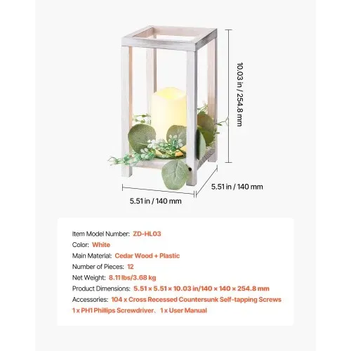 VEVOR 12er-Set, Holzlaternen, inkl. 12x Kerzenhaltern aus Holzlaternen, 12x flammenlosen LED-Kerzen, 12x Eukalyptusblätter-Kranz für Hochzeitstisch, Party, Bauernhaus-Dekoration, Weiß – Bild 6