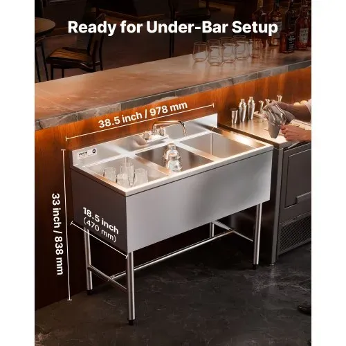 VEVOR Spülbecken mit 3 Becken & Spritzschutz & Effizientem Abfluss, Küchenspüle (978 x 470 x 838 mm), Küchenspüle für Restaurants Imbisswagen Privaten Gebrauch, Edelstahlspüle – Bild 2