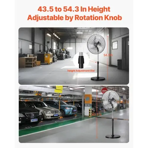 VEVOR Industrieller Standventilator, 570 mm, 90-Grad-Oszillationsventilator, höhenverstellbare Ventilatoren mit 3 einstellbaren Geschwindigkeiten, Windmaschine für Werkstatt, Lagerhaus, Schwarz – Bild 4
