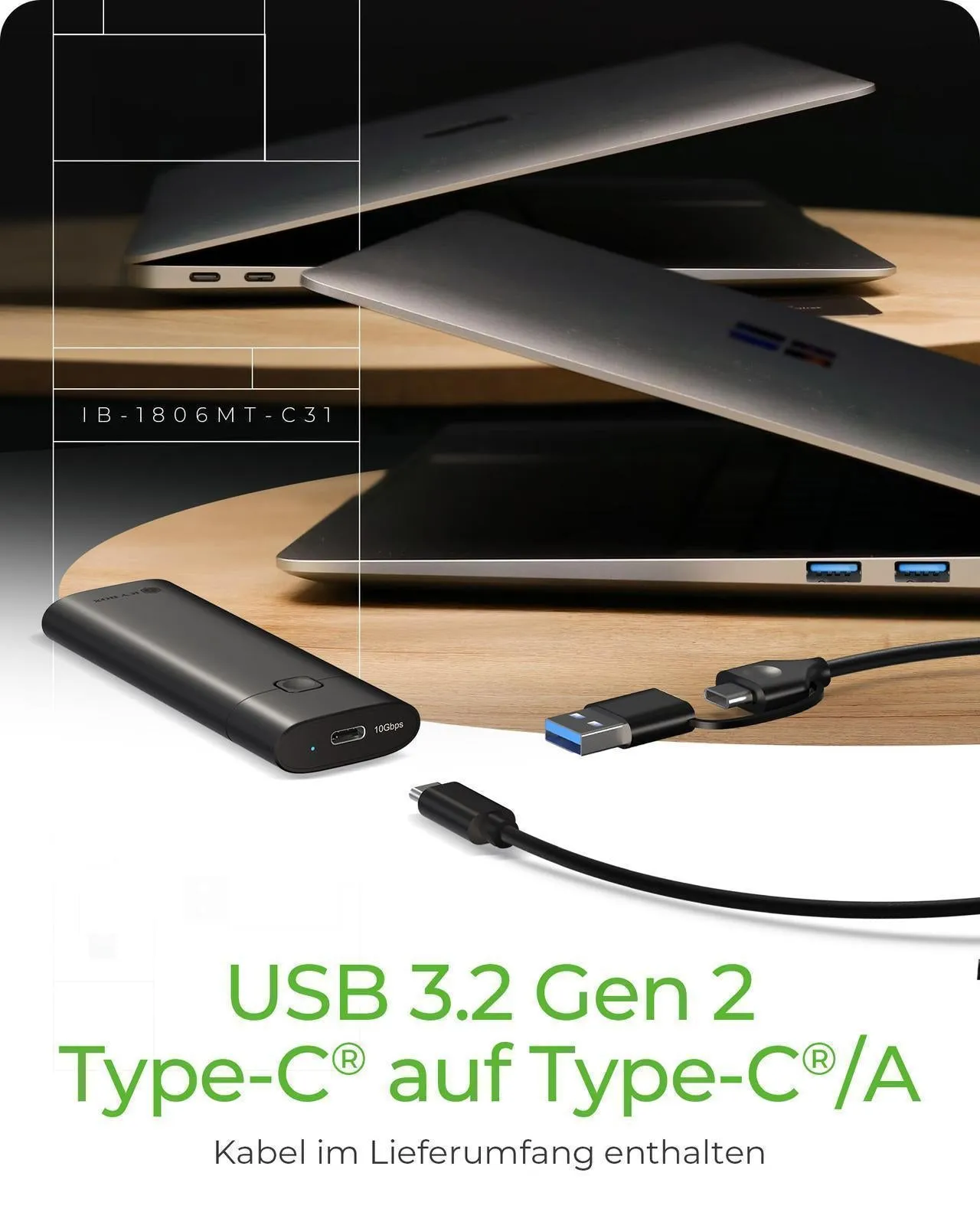 ICY BOX M.2 NVMe SSD Gehäuse, werkzeutloser Einbau, Host USB 3.2 Gen 2 Type-C+A, 10 Gbps, Aluminium – Bild 7